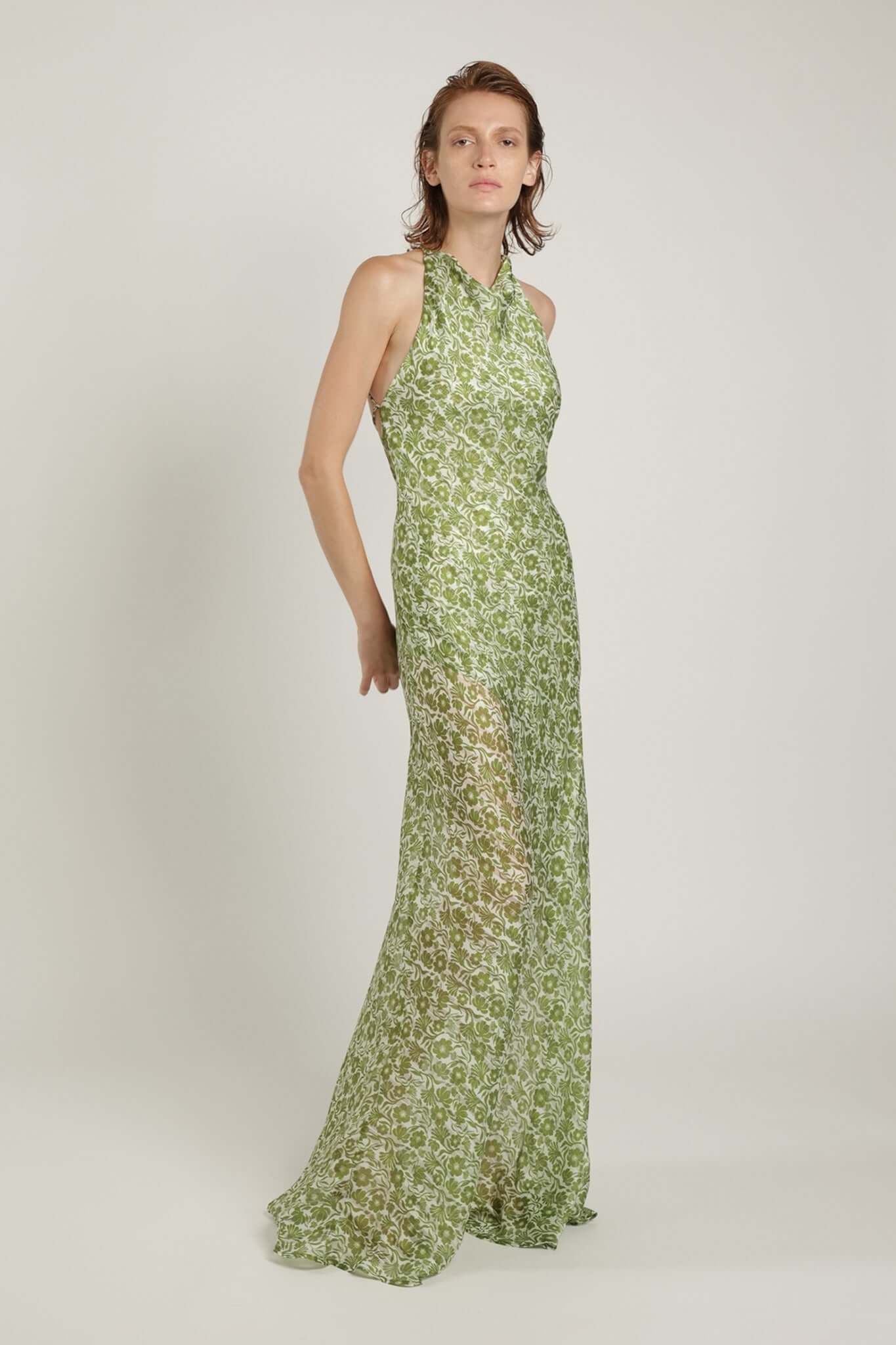 SABINA MUSAYEV Marwa Halter Neck Maxi Dress W. Open Back Green Print Floral