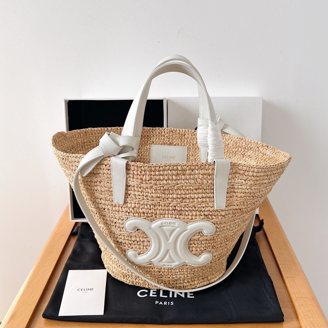CELINE BAG Celine Teen Supple Classic Panier 22cm White Calfskin Beige Raffia