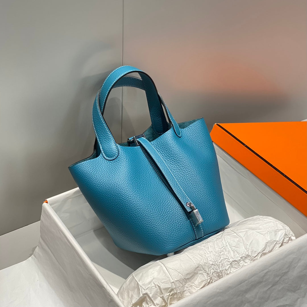 HERMES BAG picotin lock blue jean togo leather silver hardware