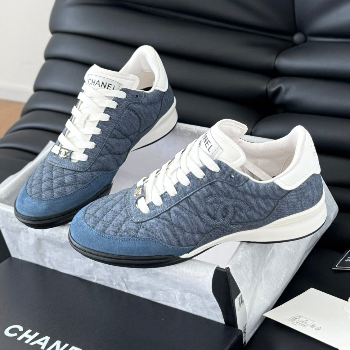 CHANEL SHOE CC SNEAKER IN AEGEAN BLUE MIX WHITE EMBROIDERED LAMBSKIN