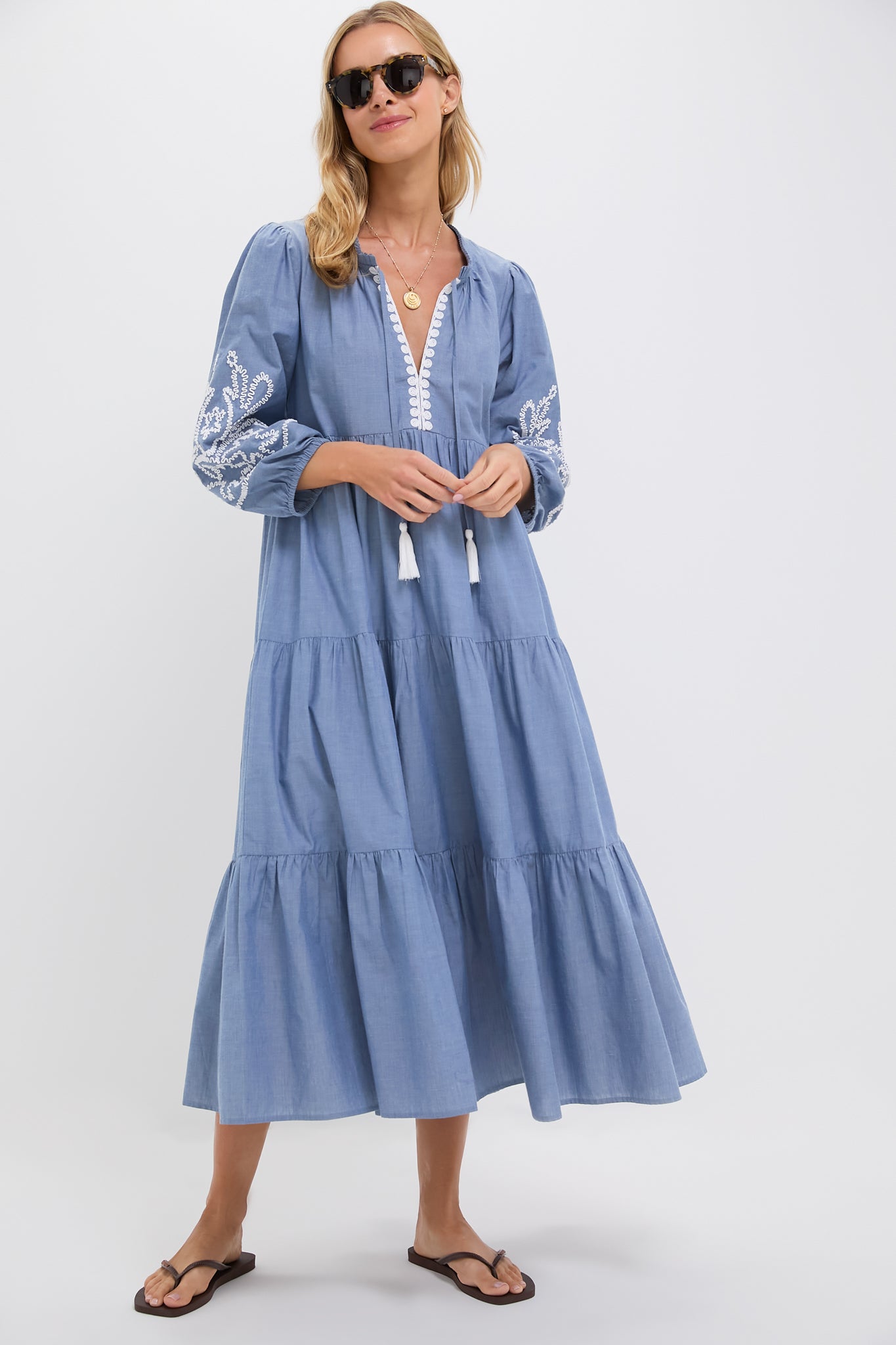 TNUCK BEACH Embroidered Chambray Long Sleeve Salty Paloma Caftan