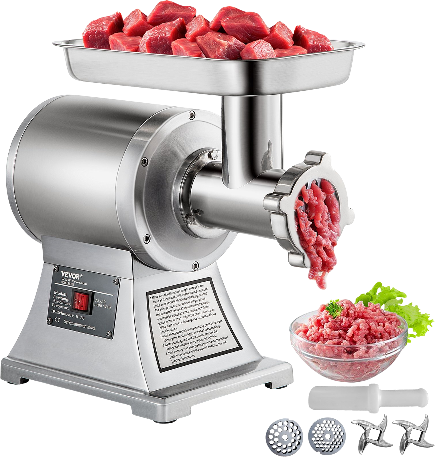 Vevor Commercial Meat Grinder Stainless Steel 330 Lbs per Hour 1100W New