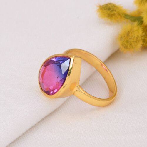Pear Cut Tourmaline Quartz Ring in Gold Plated Teardrop Engagement Ring For Gift