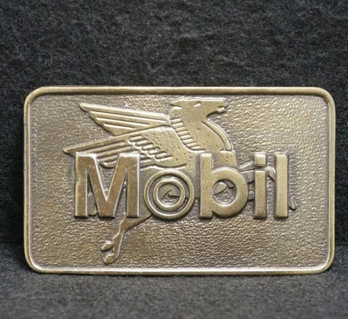WF15172 VINTAGE 1970s MOBIL PEGASUS FLYING HORSE LOGO OILFIELD BRASS BELT BUCKLE