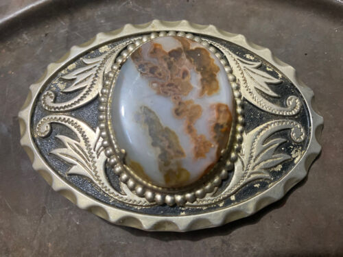 Vintage Sterling Silver SouthWestern Belt Buckle W B Brown White Agate Stone