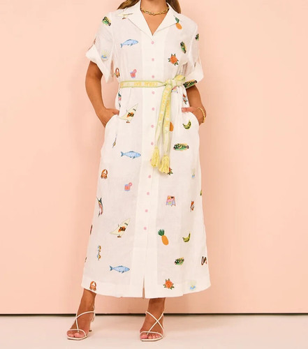 NWT ALEMAIS Blue Marlin Linen Embroidered Midi Dress US 8 Cream Fish Embroidery