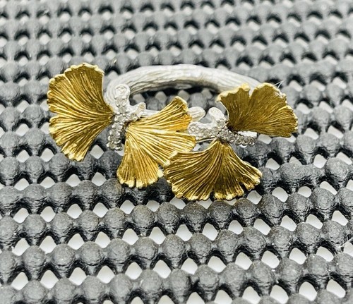 Michael Aram Sterling Silver & 18k Gold Double Ginkgo Flower Diamond Ring Size 7