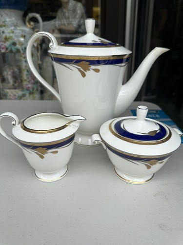 OSCAR DE LA RENTA 24K G COBALT BLUE COFFEE POT SUGAR BOWL CREAMER 3 SET