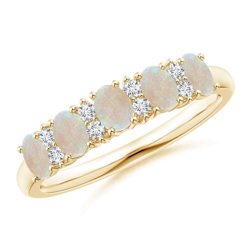 ANGARA Five Stone Opal and Diamond Wedding Band in 14K Gold (Grade AA Size 4x3)