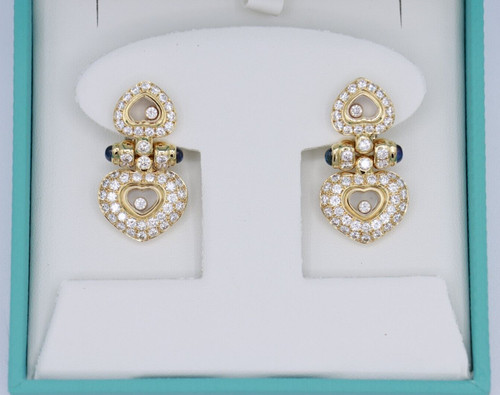 18K Yellow G Chopard Happy Diamond Heart Earrings Pave Diamond Halo   RARE