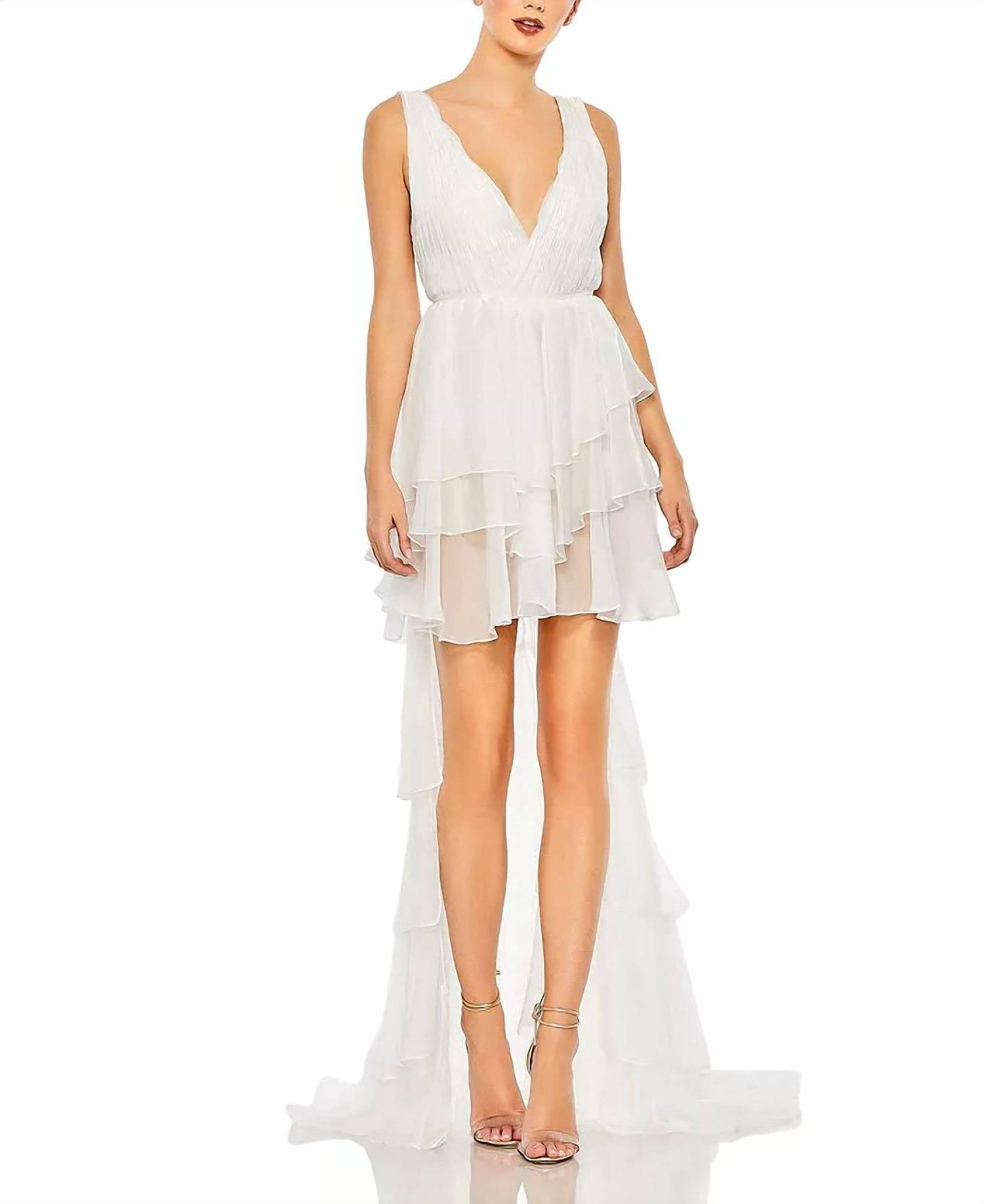 Mac Duggal Built In Bodysuit Tiered High Low Gown Size 2