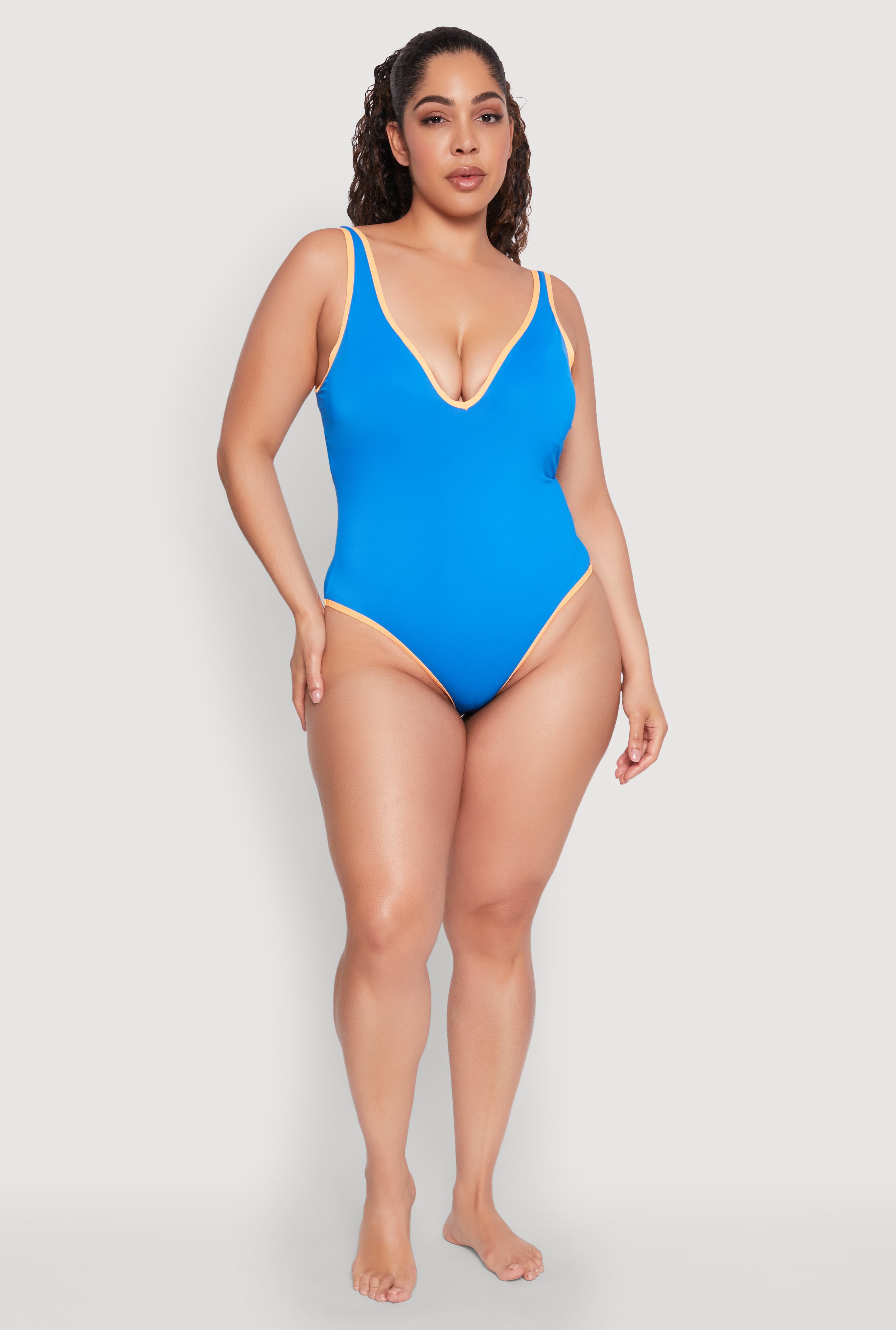 RAINBOW SHOPS Plus Size Contrast Trim High Cut One Piece Swimsuit