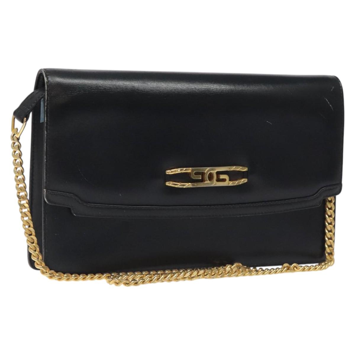 GUCCI Chain Shoulder Bag Leather Black Gold Auth 121927