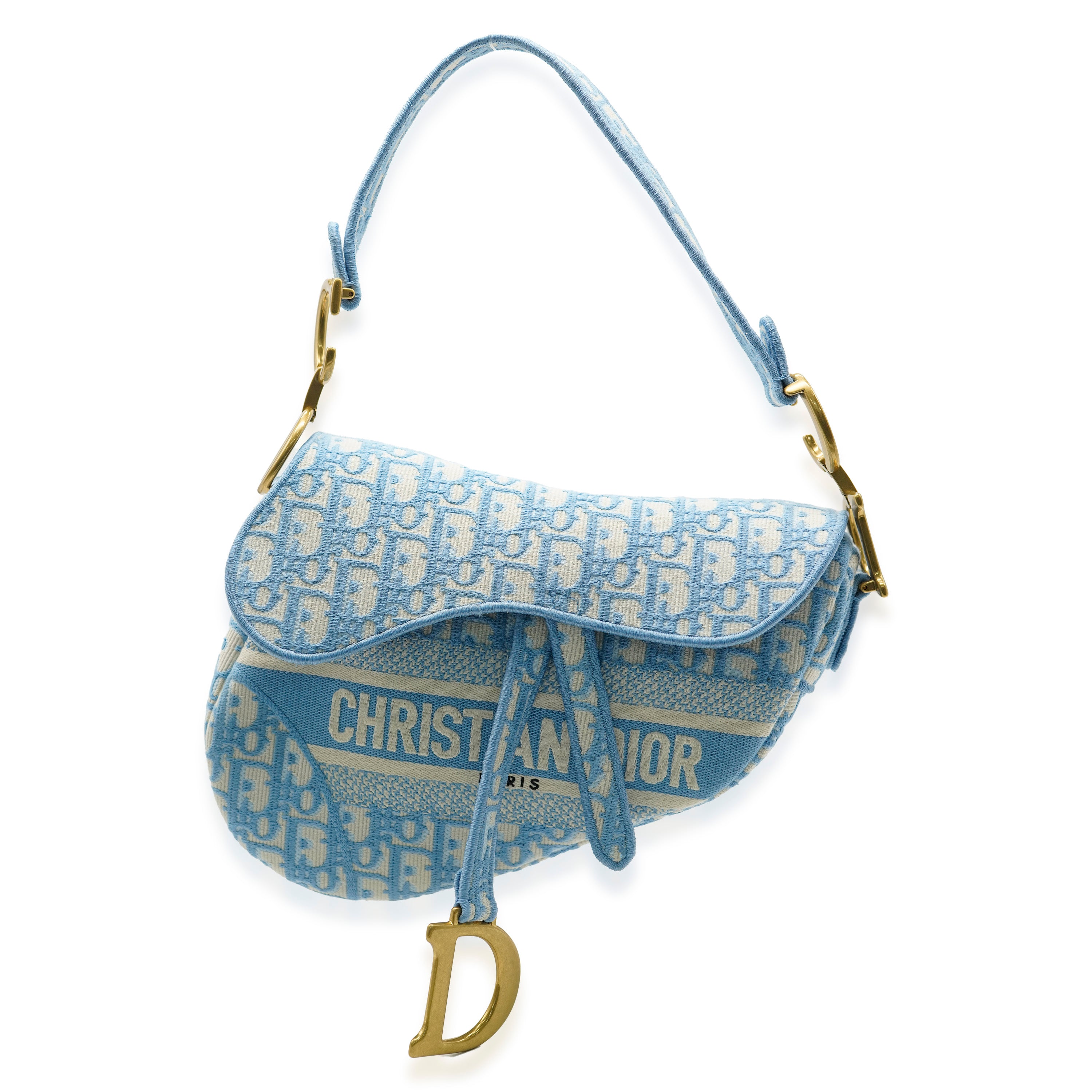 CHRISTIAN DIOR Light Blue Oblique Jacquard Canvas Saddle Bag