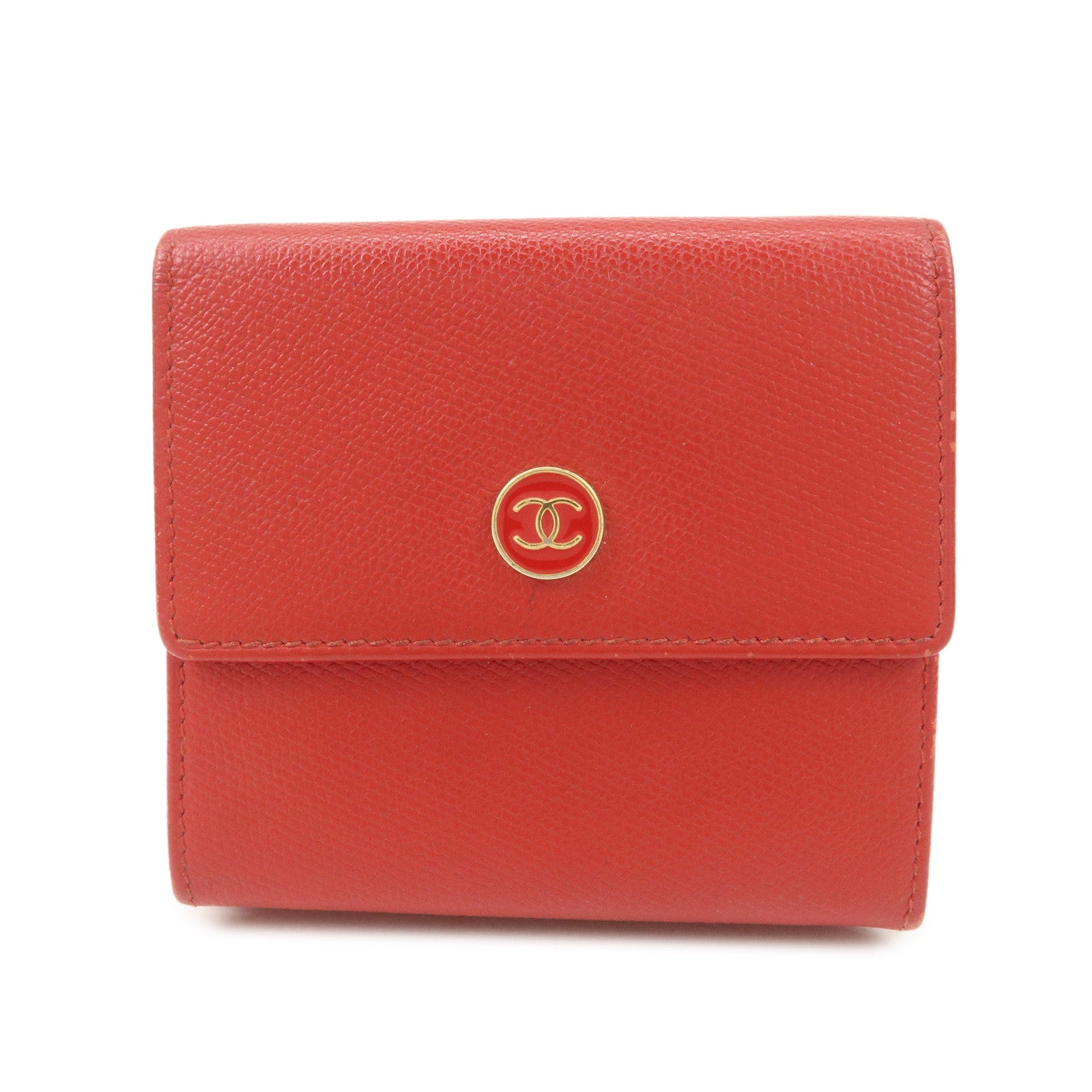 DCT VINTAGE CHANEL COCO Button Leather Double Hook Compact Wallet Red A20902