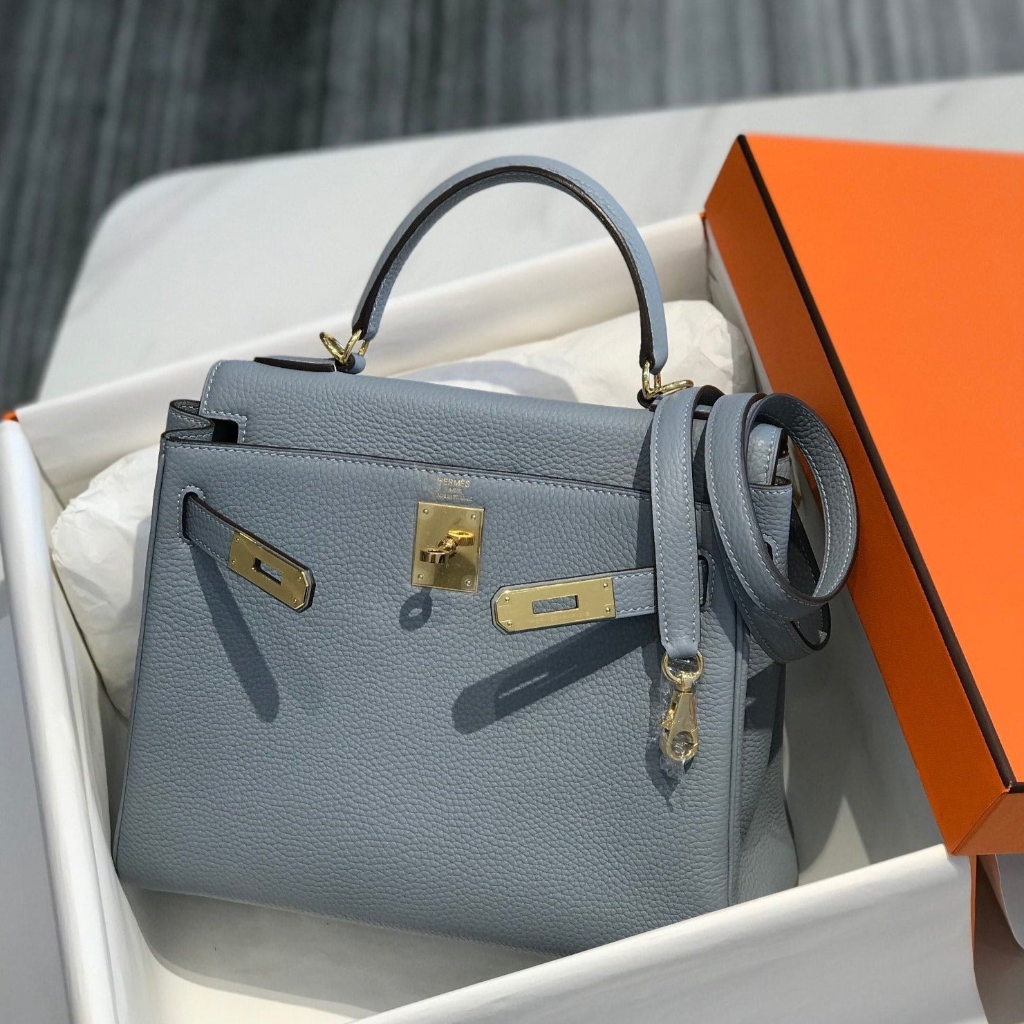 HERMES BAG hm kelly 32cm baby blue togo leather gold hardware