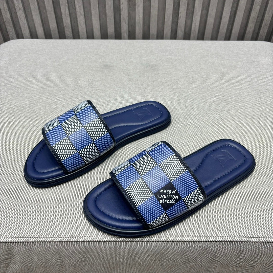 LV SHOE MEN LV VENICE MULE SLIPPERS NAVY BLUE DAMIER