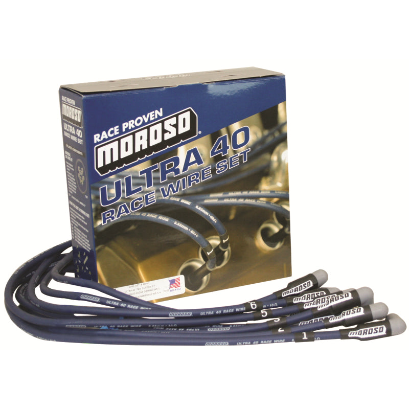 Moroso Performance Products Ultra 40 Spark Plug Wire Set Spiral Core 8.65 mm Blue   90 Degree Plug Boots