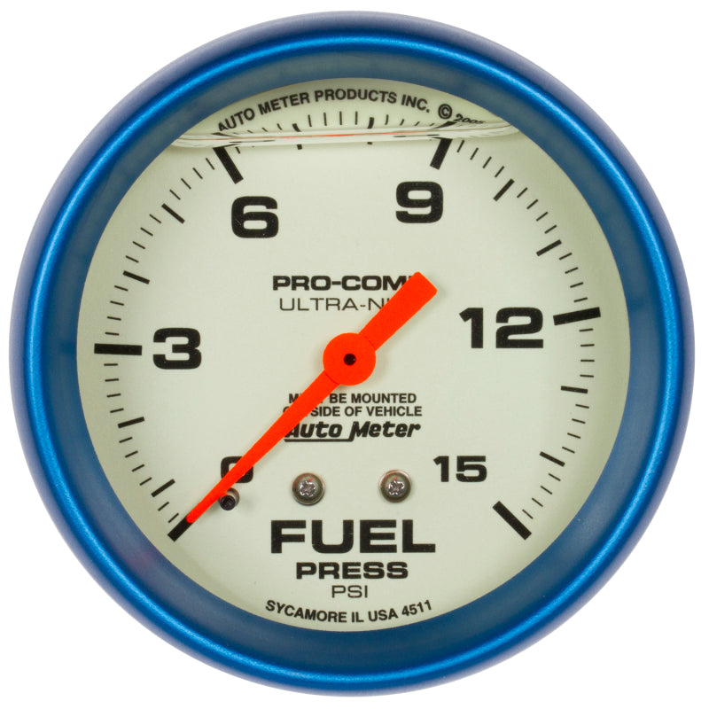 Autometer Ultra Nite 2 5/8in 15psi Mechanical Glow In The Dark Fuel Pressure Gauge