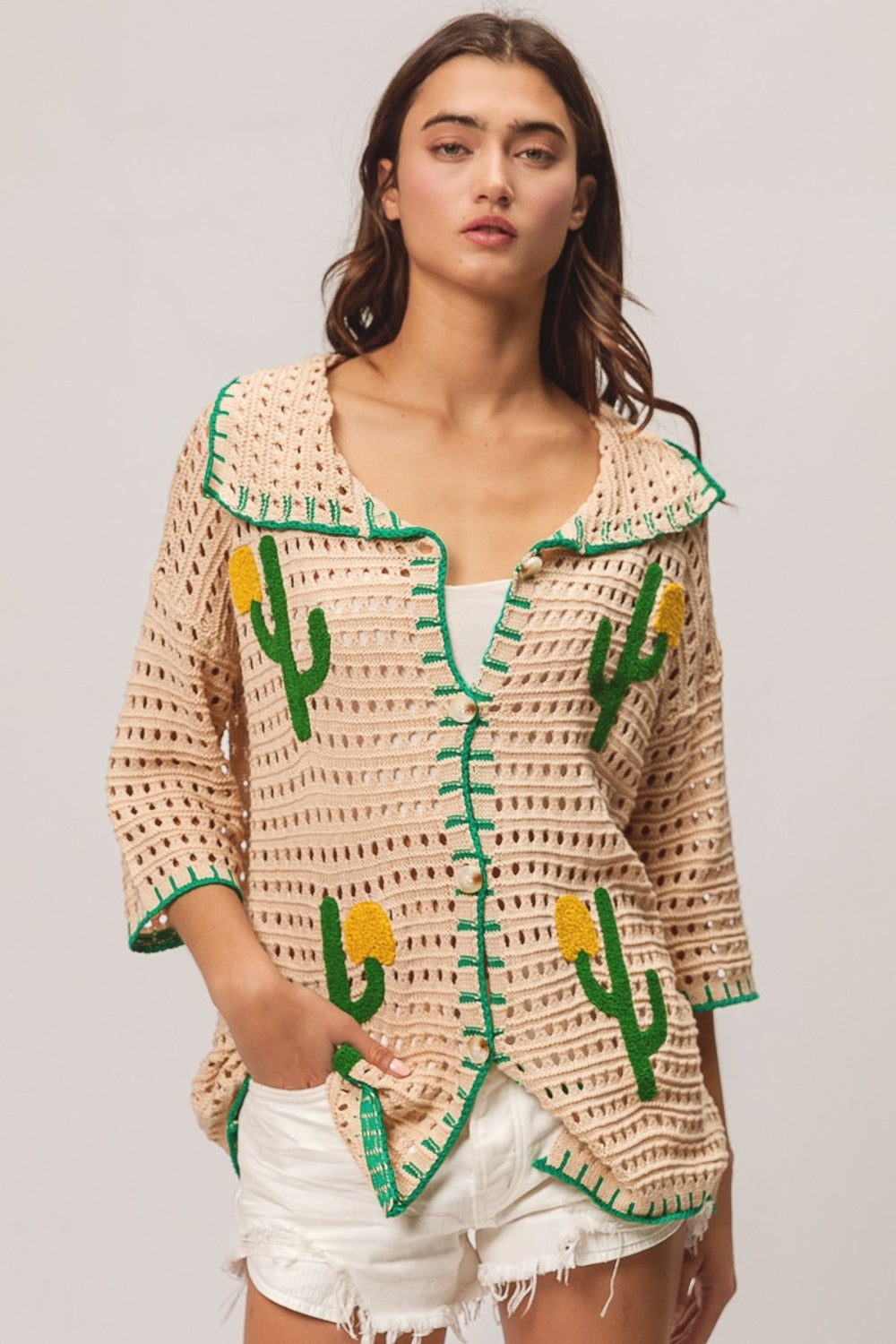TRENDSI BiBi Edge Stitched Cactus Patch Sweater Cardigan