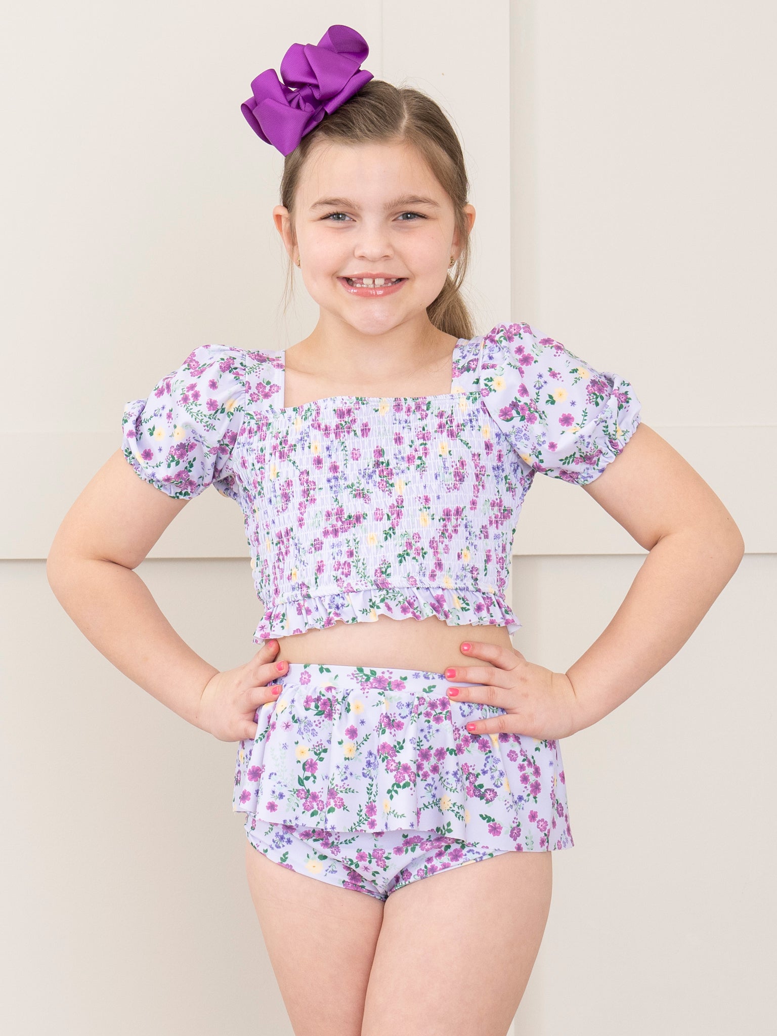 1 20250206 231 Purple Floral Puff Sleeve Ruffle Swimsuit