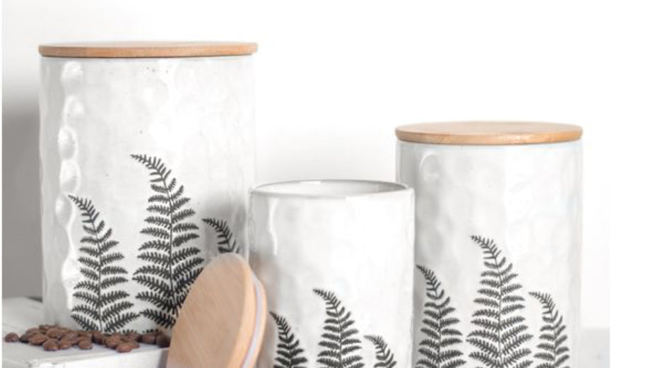 RED BARN COMPANY STORE Set of 3 canisters white with embossed fern pattern