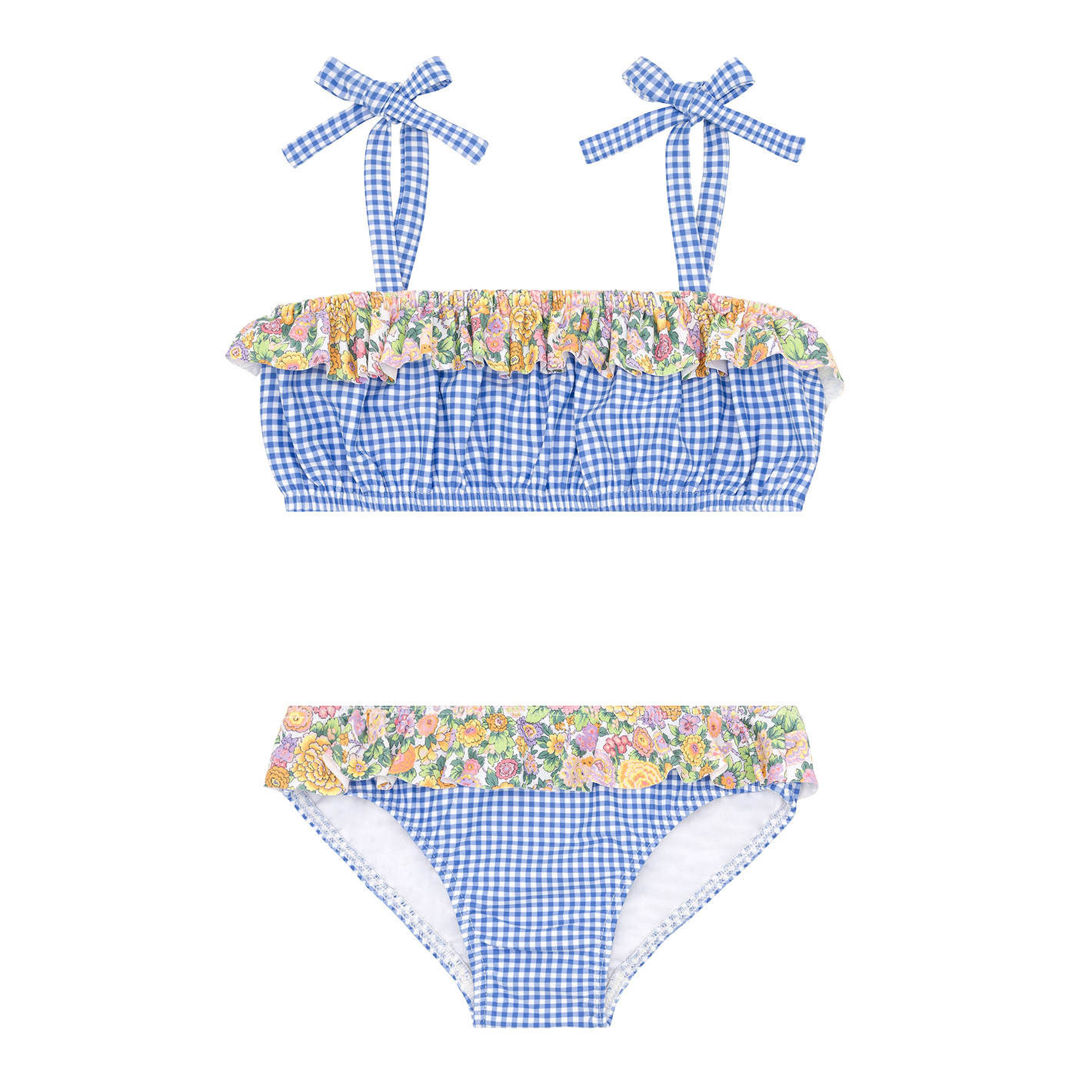 MINNOW SWIM Girls Sky Blue Gingham Bandeau Tie Strap Bikini