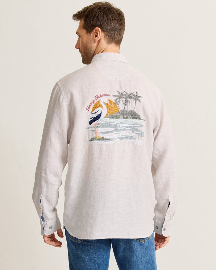 TOMMY BAHAMA MENS Tommy Bahama Men's Del Mar Island Linen Embroidered Sport Shirt   Natural
