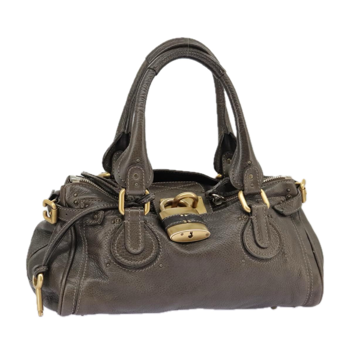 Chloe Paddington Hand Bag Leather Brown Gold Silver Auth am7257