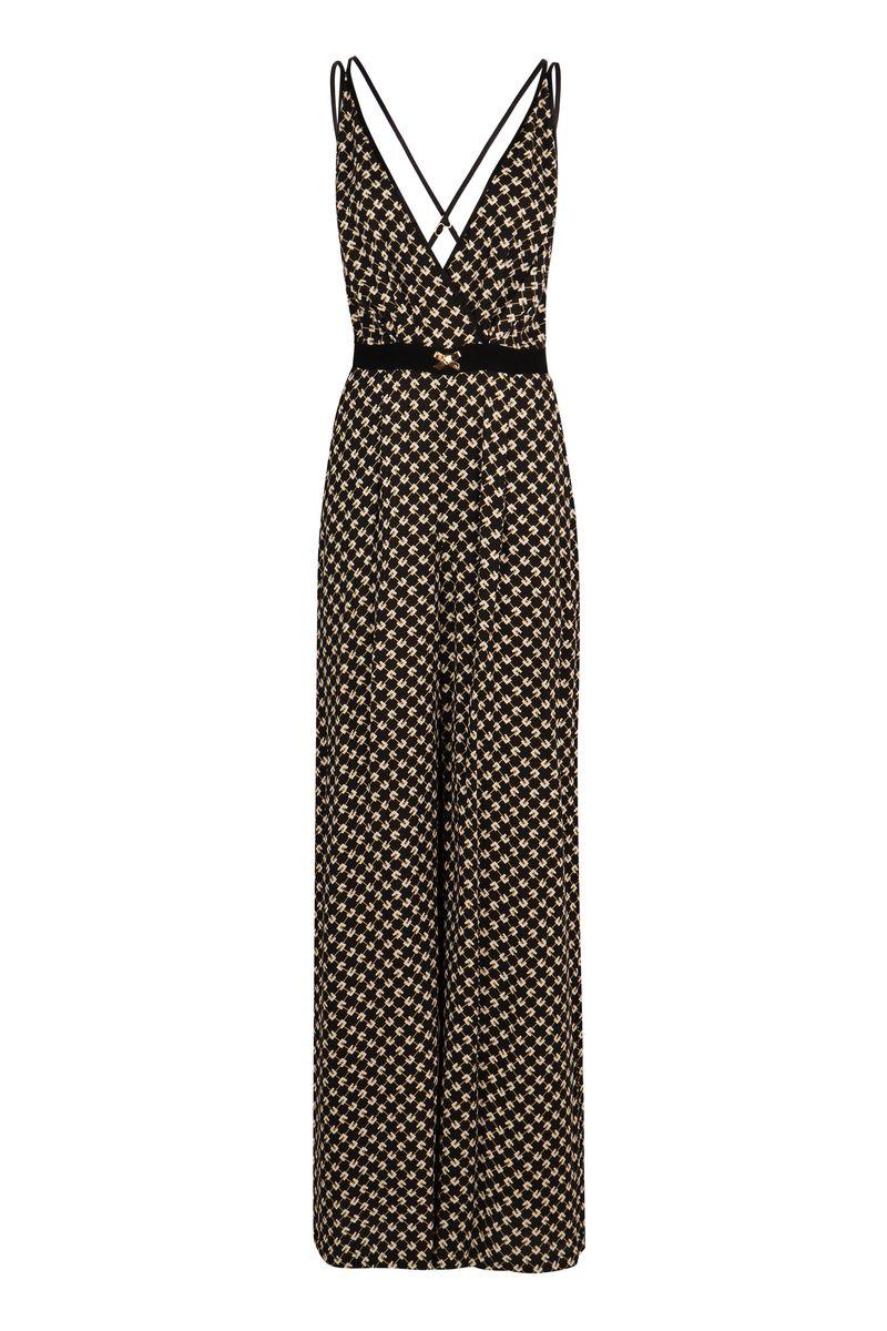 Elisabetta Franchi Black Pattern Jumpsuit With Rear Crossover Neck