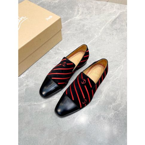CHRISTIAN LOUBOUTIN SHOE CL Men Loafers Stripe Logo Embroidery Velvet Black Red