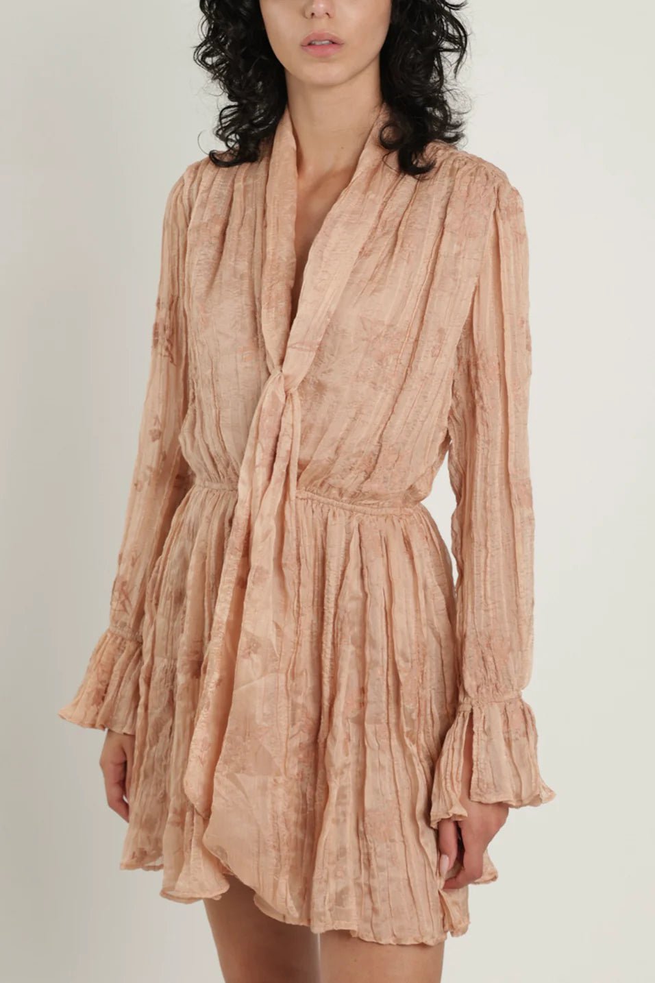 SABINA MUSAYEV Dillon Pleated Long Sleeved Mini Dress Creme Latte Silk