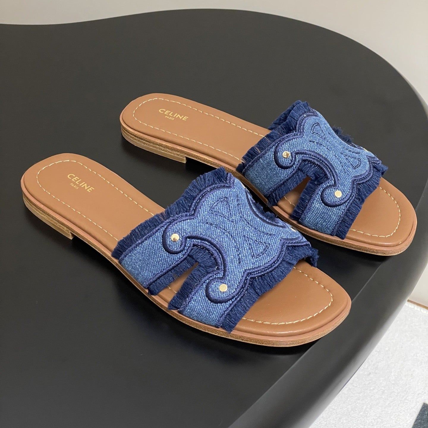 CELINE SHOES CL Marina Fringed Flat Mule In Blue Denim 319736