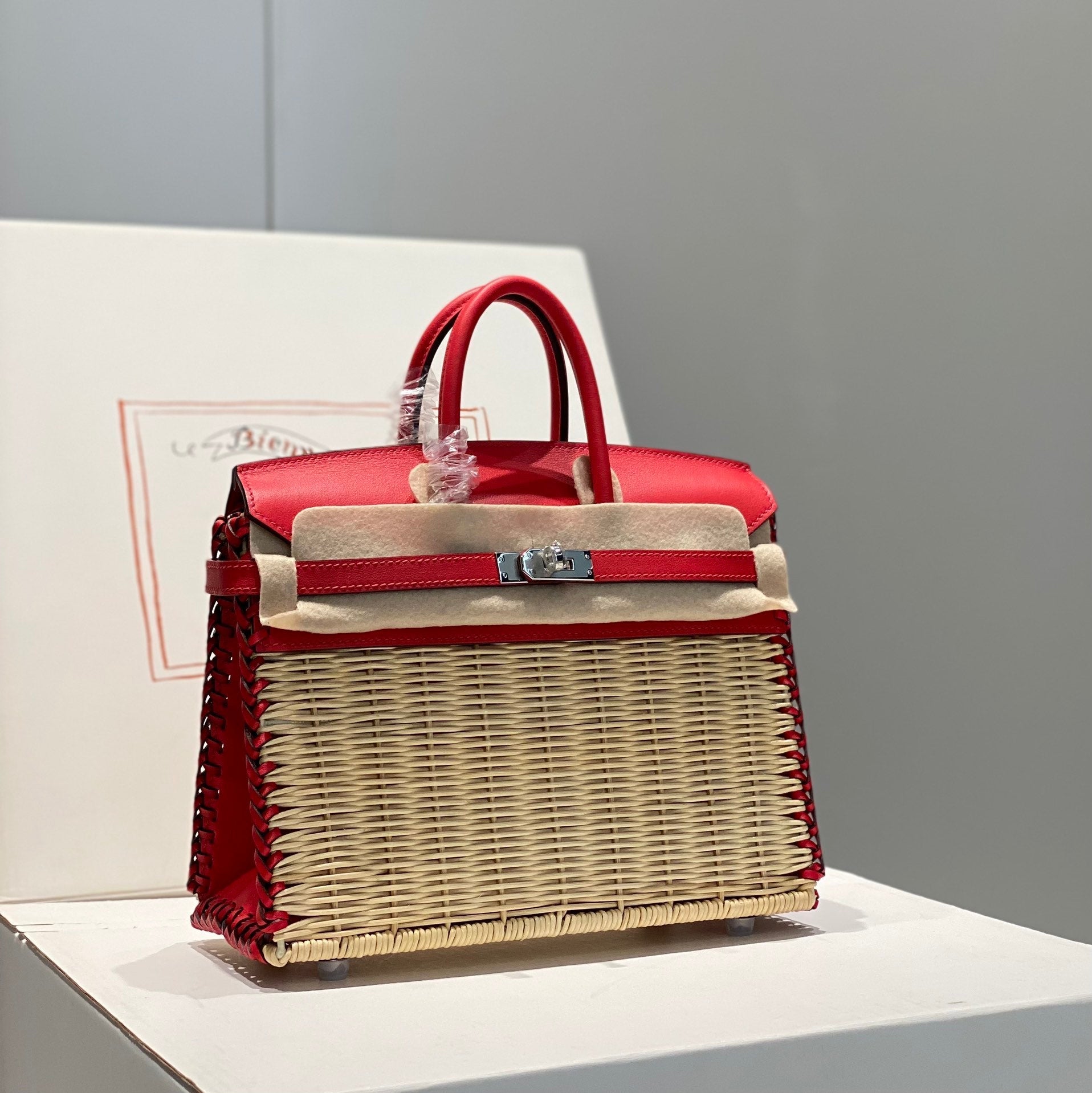 HERMES BAG HM BIRKIN 25 CM PICNIC RED BAMBOO AND RATTAN