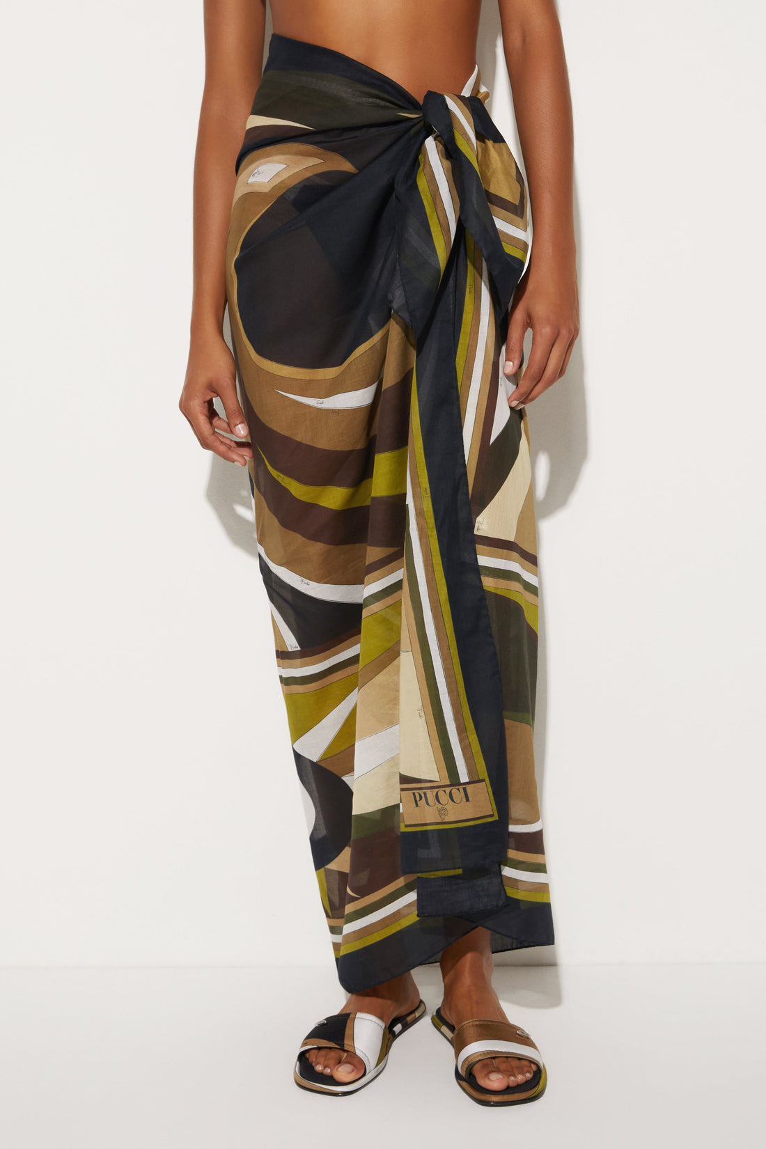 PUCCI Cigni Print Cotton Sarong Khaki Muschio