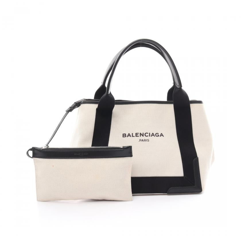 Balenciaga Navy Cabas S Ivory Black Canvas Leather Tote Bag