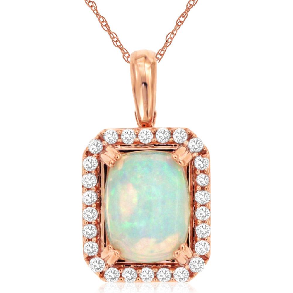 ROYAL JEWELRY Royal 14K Rose Gold Opal and Diamond Cushion Cut Pendant   1.10 Carats Opal & 0.20 Carats Total Diamond Weight