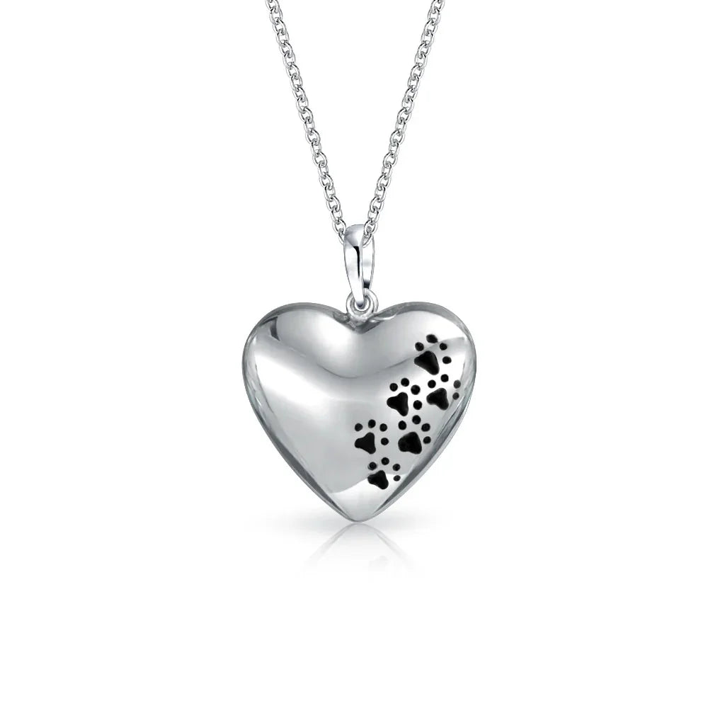 BLING JEWELRY Dog Cat Heart Shape Pendant Necklace with Black Puppy Paw Prints Sterling Silver