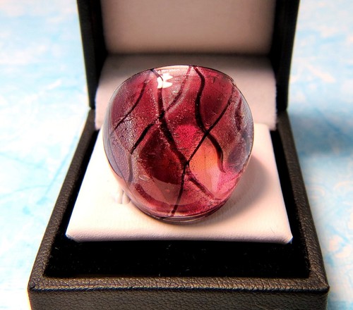 Chunky Purple & Black Loose Plaid Silver Fleck Hand Blown Glass Bling Ring 7.75
