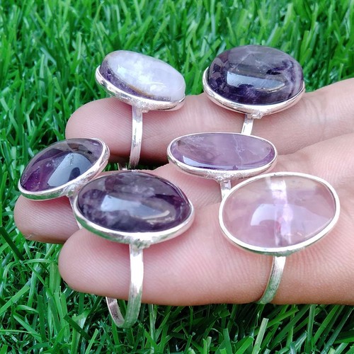 Hippie Amethyst Gemstone 925 Sterling Silver Plated Bezel 2Pcs Rings Lot Jewelry