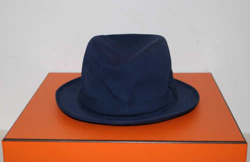 Hermès indigo blue funky seersucker hat with a box 61 HERMES