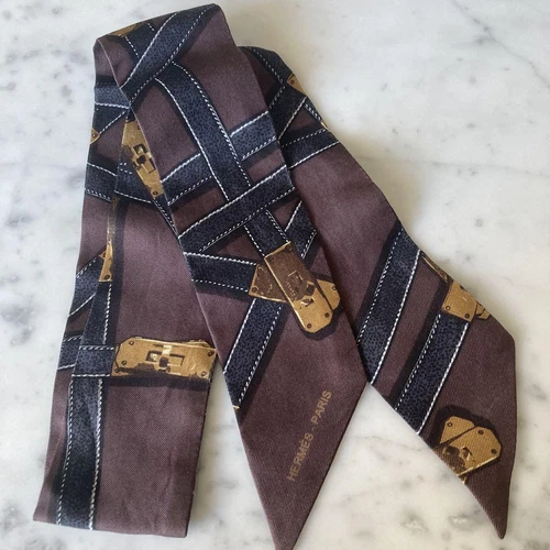 Hermès Twilly Kelly Belt Scarf Pattern Brown Silk U