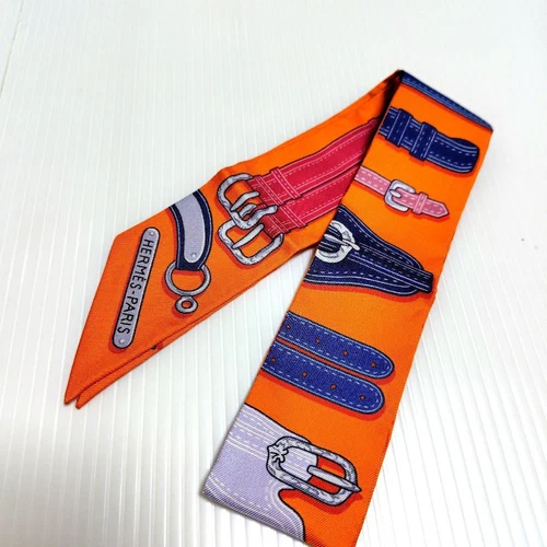 Hermes Twilly Scarf 100% Silk Presidential Harness Belt Pattern 85x4.9cm U