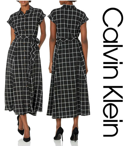 NWT CALVIN KLEIN Short Sleeve Gauze Windowpane Plaid Midi Shirtdress Belted 16