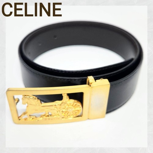 CELINE Waist Belt Triomphe G carriage Bukle Black Leather women from Japan