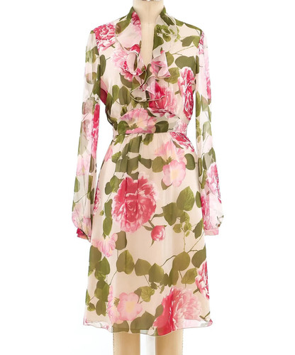 AUTH vintage RUNWAY Valentino ruffle floral printed silk Dress 44/8