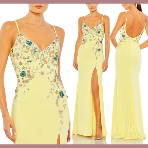 NWT Mac Duggal [ 6 ] Multi Color Beaded Floral Cami Slit Gown Yellow #G1395