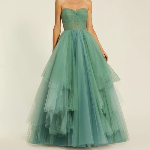 (151)❤️ BNWT MAC DUGGAL Green Strapless Bustier Twist Top Ruffle Ballgown #20772