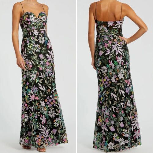 Mac Duggal $498 Floral Sequin Appliqué Spaghetti Strap Bustier Gown SKU #49827
