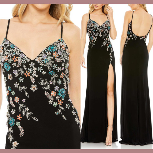 NWT Mac Duggal [ 4 ] Multi Color Beaded Floral Cami Slit Gown Black #G1353